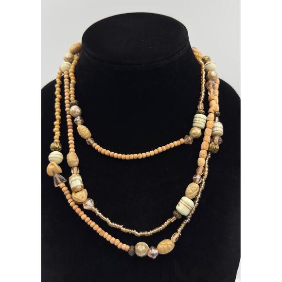 Jewelry - Vintage 30” Single Strand Neutral Boho Multi Strand Art Glass Wood Bead Necklace
